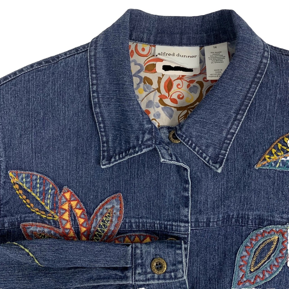 VTG Alfred Dunner Denim Jacket Womens 14 Floral Embroidered Button Front Blue